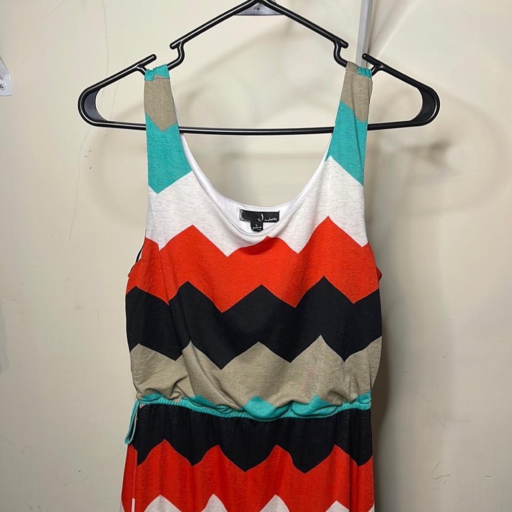 Orange, black, teal, and white maxi dress